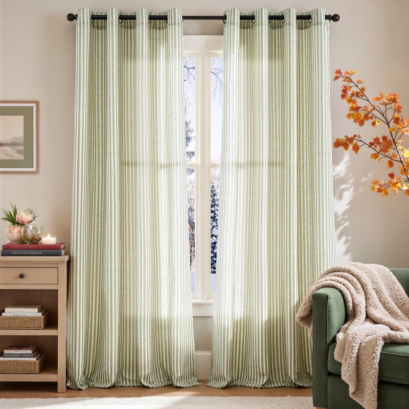 jinchan Linen Curtains for Living Room Green on Beige Striped Curtains for Bedroom Ticking Stripe Pattern Light Filtering Farmhouse Cottage Core Rustic Grommet Window Treatment 2 Panels 96 inches - Image 2